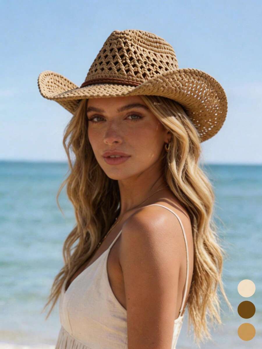 Cowboy Hat Straw - Bohemian Hollow Out Straw Cowboy Hat