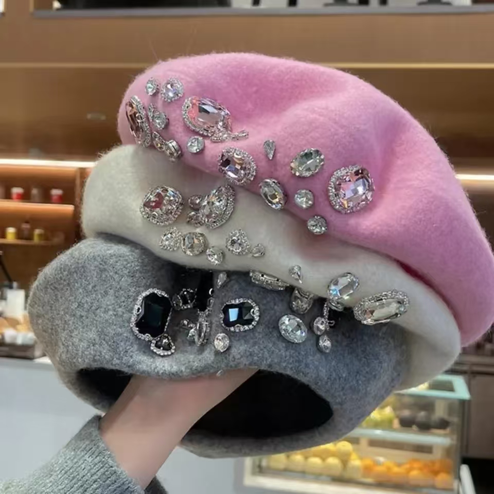 French Beret Thick Rhinestone  - Beret French Wool reseña y precio
